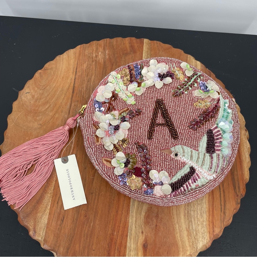 Anthropologie "A" Holiday Monogram Embellished Pouch pink bird sequins beaded